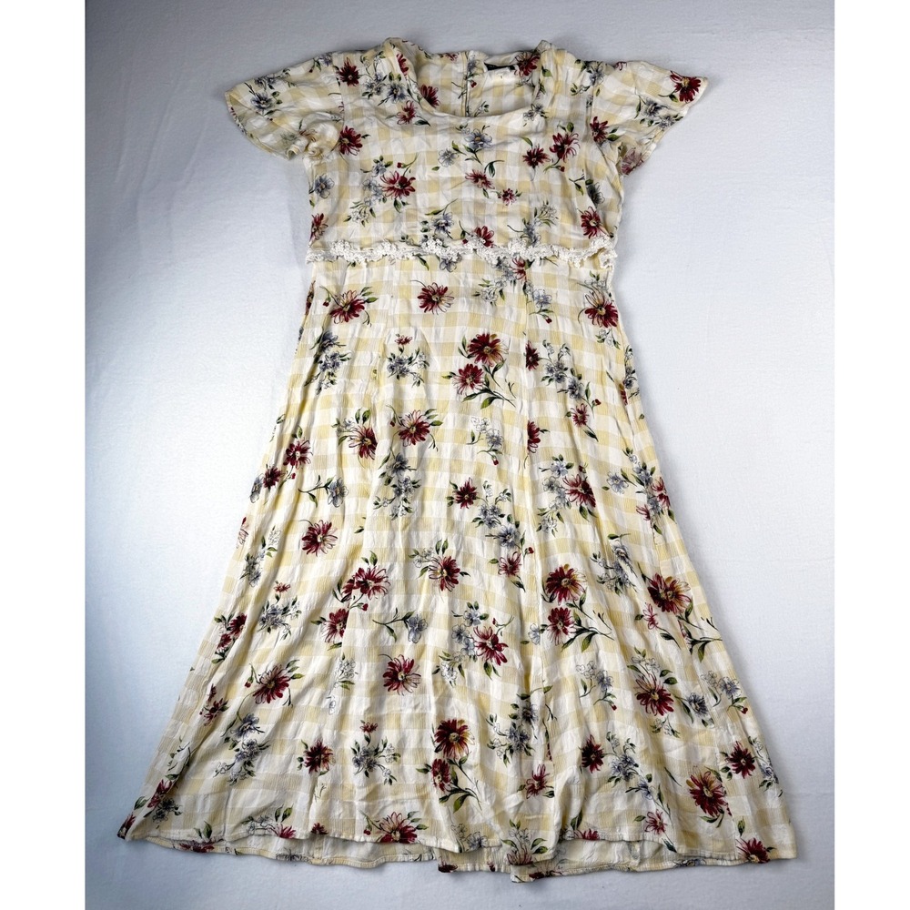 Ultra Dress New York 90's Vintage Yellow Gingham Floral Lace Trim Midi Dress 14